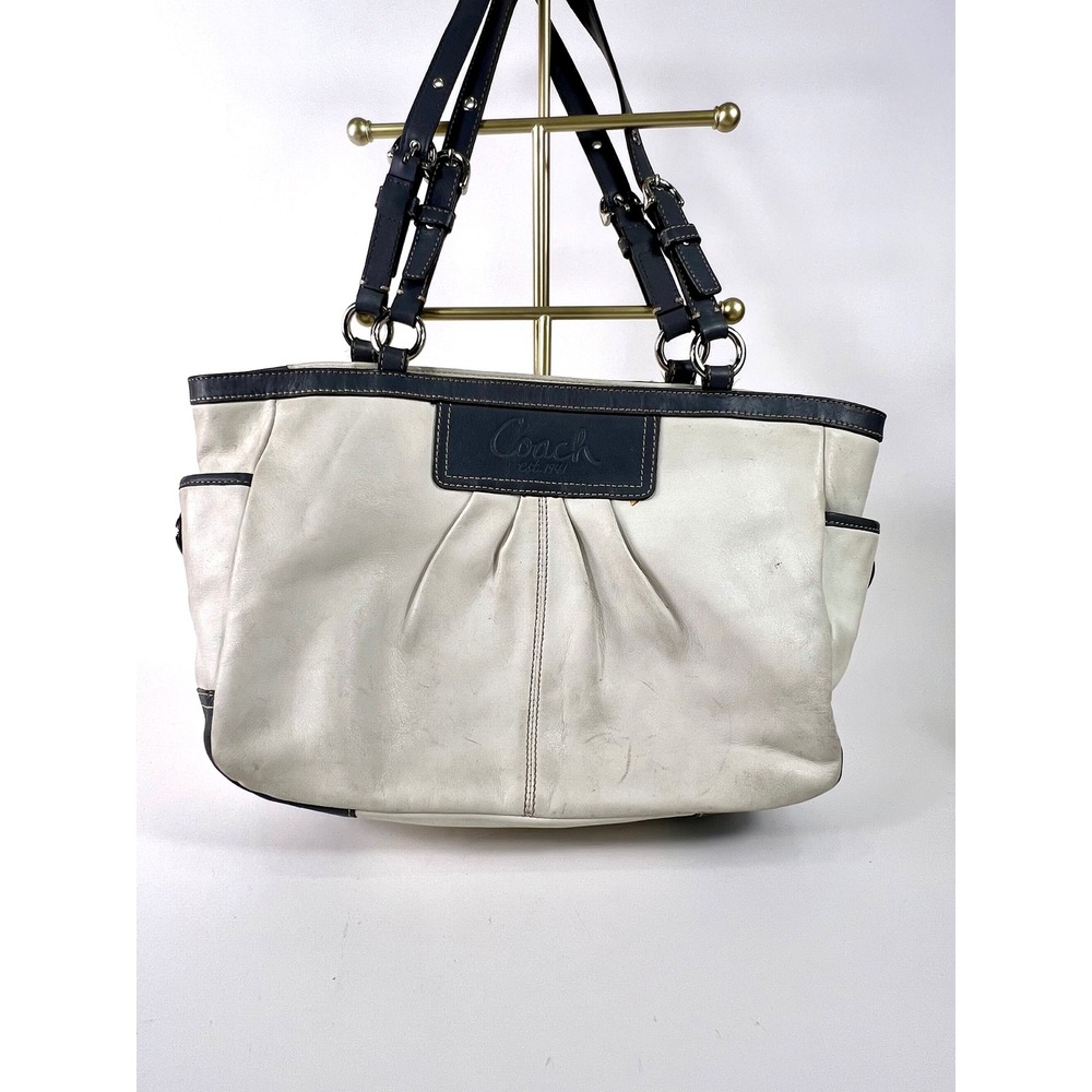 Coach Ergo White Leather Pleated Tote Bag Navy Blue Trim Shoulder Bag "AS IS"